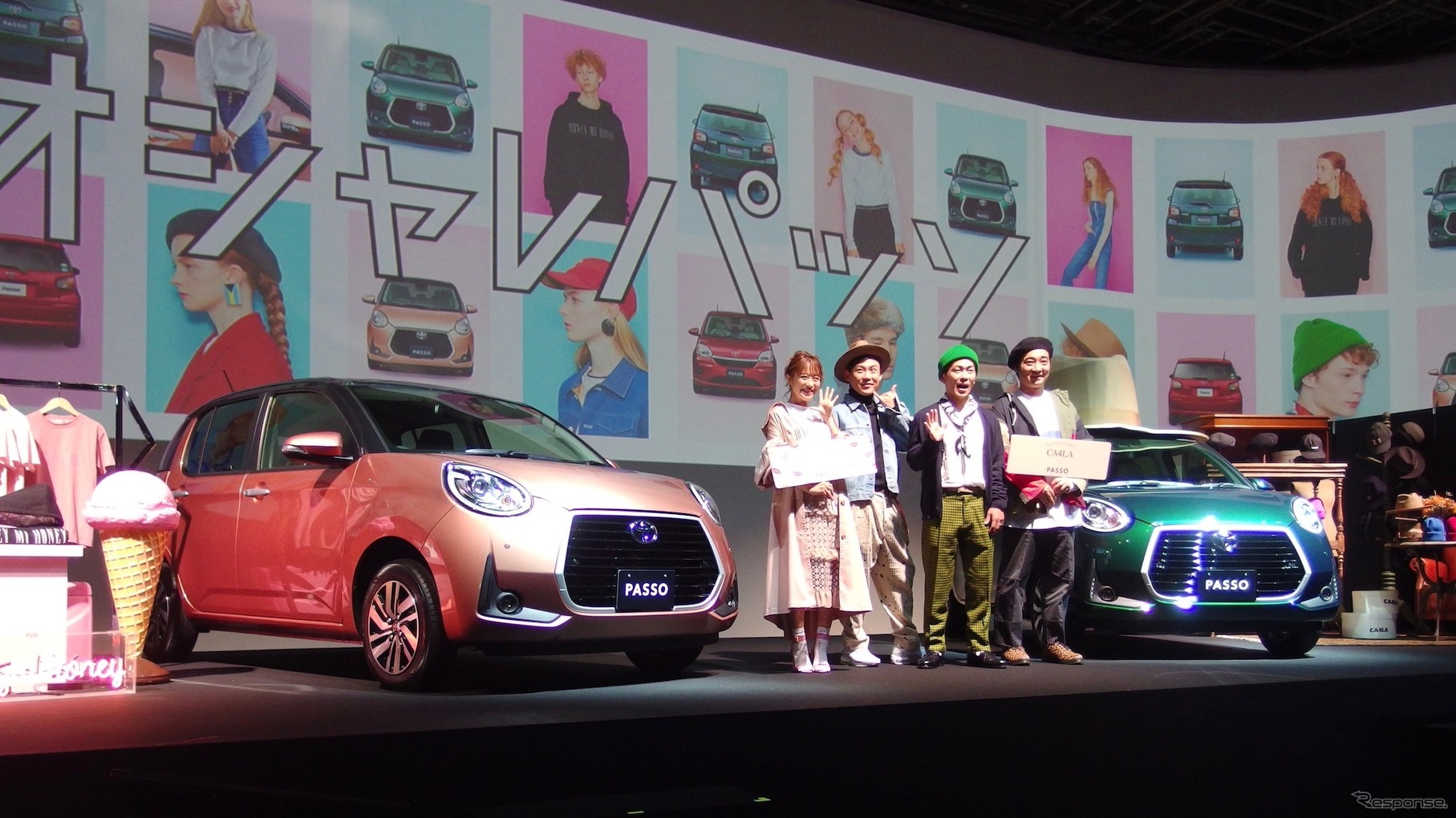 トヨタ・パッソ改良新型発表はファッションブランドとコラボ。向かって左からHONEY MI HONEの箕島三佳代表兼デザイナー、トヨタ自動車国内企画部西祐太朗、CA4LA秋元信広クリエイティブディレクター。