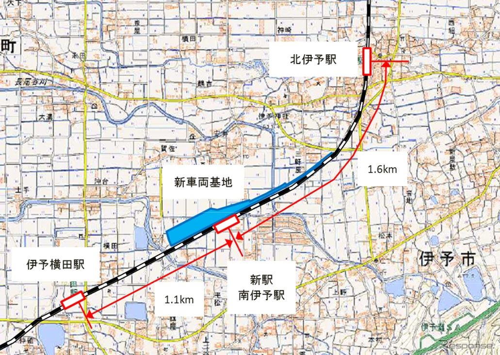 南伊予駅の設置位置。一帯は1954年まで南伊予村だった。