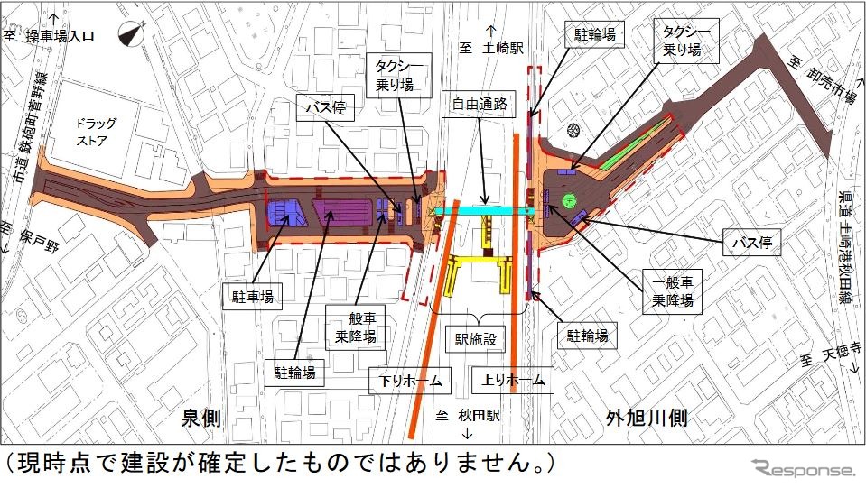 2017年に秋田市が公表した泉外旭川駅の施設配置計画図。