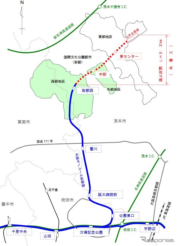 延伸事業が正式に廃止となった彩都線彩都西～東センター間（赤破線部分）。