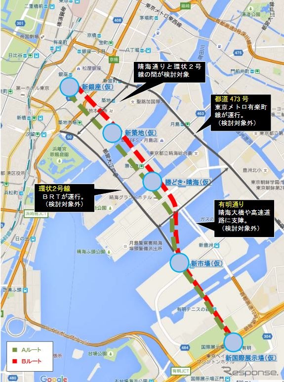 銀座～臨海地域間の地下鉄建設計画で検討されているルート。