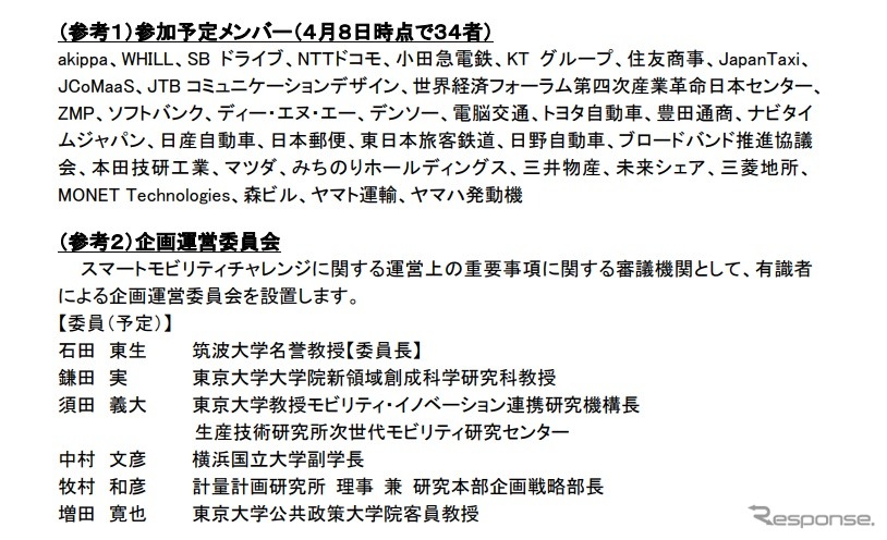 スマートモビリティチャレンジ推進協議会の参加メンバーと企画運営委員会の委員