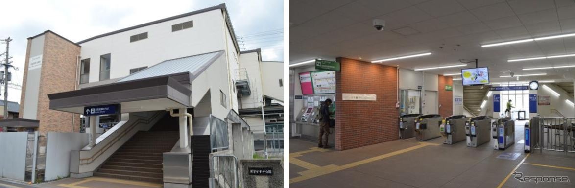 「龍谷大前深草」に改称される京阪本線深草駅（左）とその改札口付近（右）。