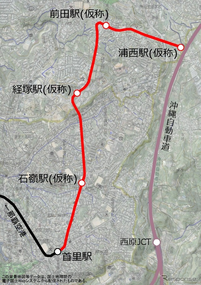 ゆいレール延伸区間のルート。終点を含む4駅が新たに設けられる。仮称の前田駅は「浦添前田」、浦西駅は「てだこ浦西」となる。石嶺駅と経塚駅は正式な駅名となる。