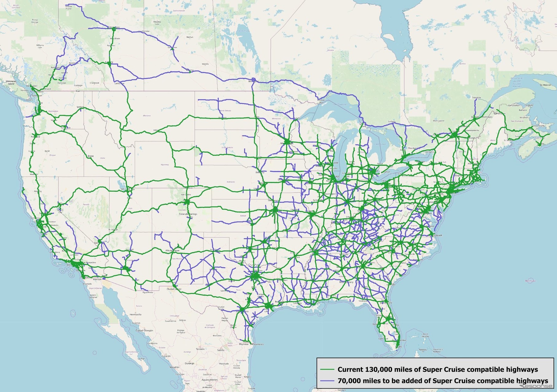 ハンズフリーの部分自動運転が可能なキャデラックのスーパークルーズの米国とカナダの対応高速道路マップ