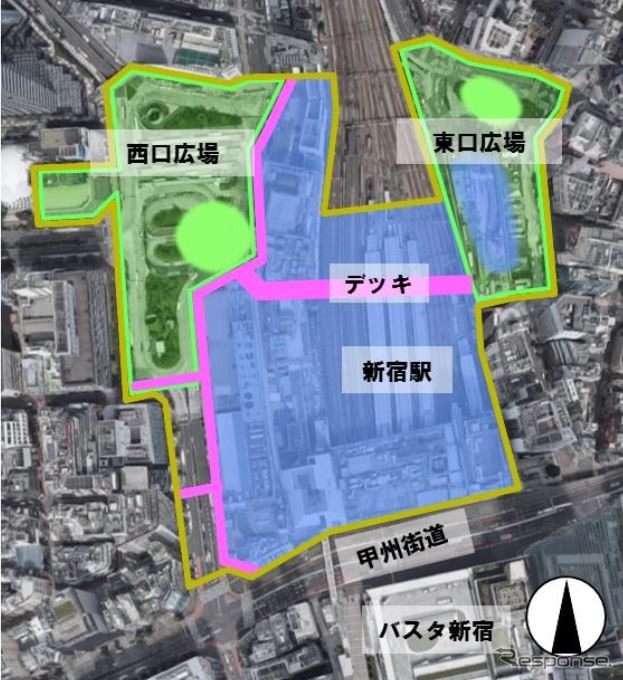 新宿駅再整備計画の概要。構内の線路に跨るように歩行者用のデッキが設けられる。