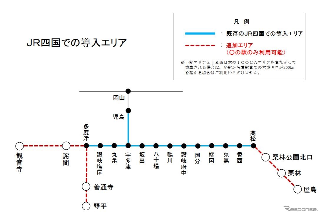 赤い破線が2020年3月頃に加わるICOCAエリア。高徳線と土讃線は一部ながら初エリア入りとなる。