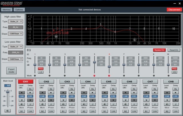 『グラウンドゼロ・GZDSP4-8』のチューニング設定画面。