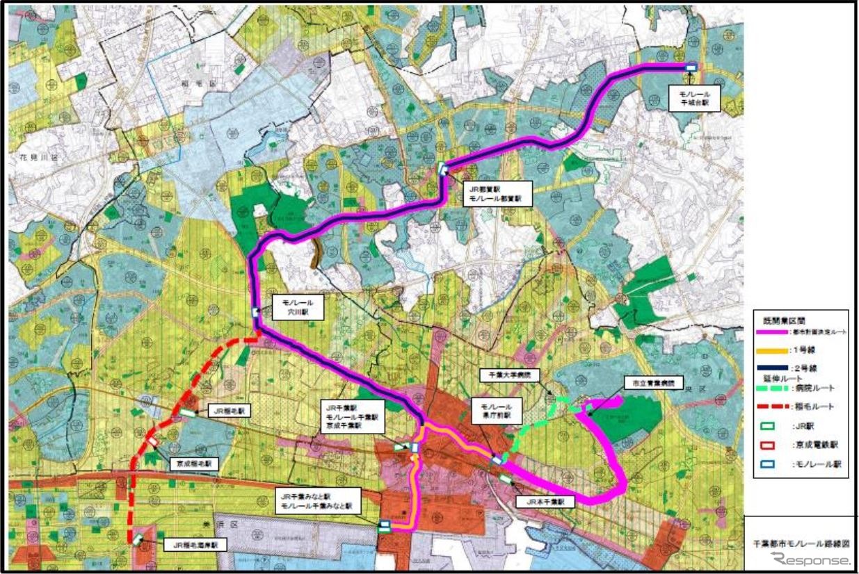 緑色の破線と、それに続くピンク色の線が県庁前駅から市立青葉病院へ至る「病院ルート」、赤い破線が穴川駅から分岐し、JR京葉線稲毛海岸駅へ至る「稲毛ルート」の計画路線。稲毛ルートについてはモノレールでの導入が断念されたに留まり、代替の手段がどのようなものになるのか注目される。