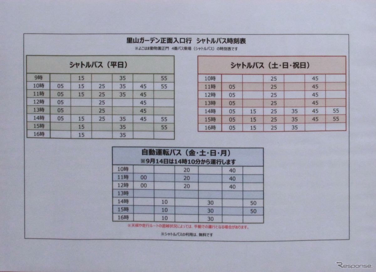 ズーラシア正面入り口のシャトルバスの時刻表