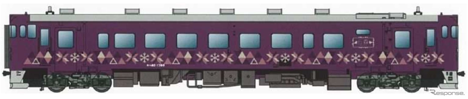 10月上旬の完成を予定しているキハ40形「紫水」号のエクステリアイメージ。紫色をベースに、海や雪の結晶、星の模様を配し「凛としたたたずまいに華やかさを感じられるデザイン」とする。旭川駅では、10月14日9時～9時30分に1番ホームで一般公開される予定。