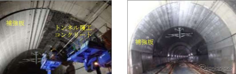 覆工コンリクート補強工事の様子。とくに痛んでいる部分にはセメントの補強板を設置した。