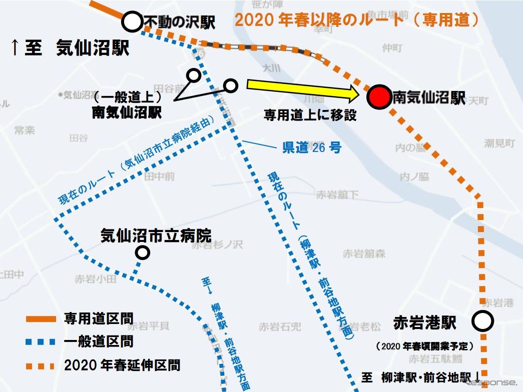 専用道上へ移設される気仙沼線BRT南気仙沼駅の位置。所在地は宮城県気仙沼市仲町2丁目358-4他。