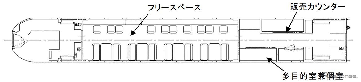 定員26人の1号車。前部がフリースペースとなり、後部に販売カウンターと多目的室兼個室を設置。