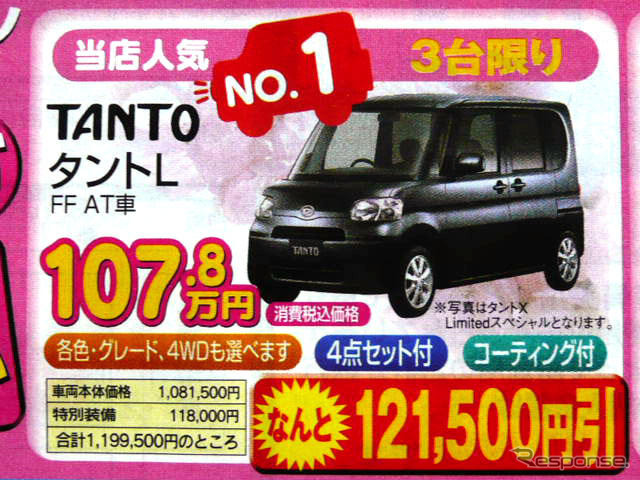 【飛び石連休 値引き情報】決算!!　背の高い軽自動車、タント 12万円引きなど