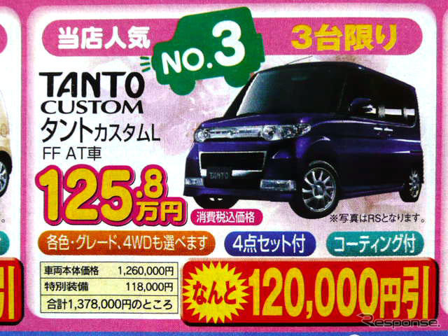 【飛び石連休 値引き情報】決算!!　背の高い軽自動車、タント 12万円引きなど