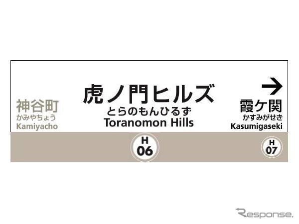 虎ノ門ヒルズ駅のサインイメージ。駅ナンバリングは「H06」。