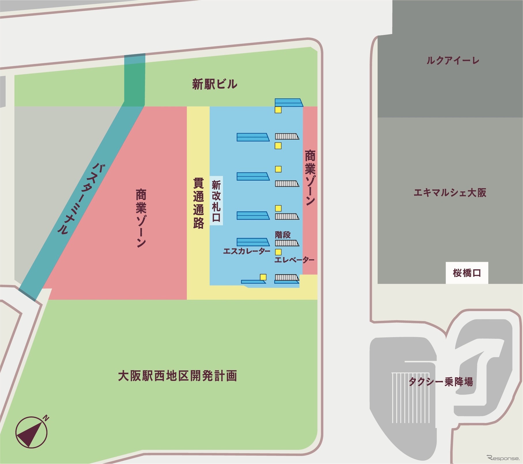 整備される西側の平面図。大阪環状線のホームが西側へ拡張される。