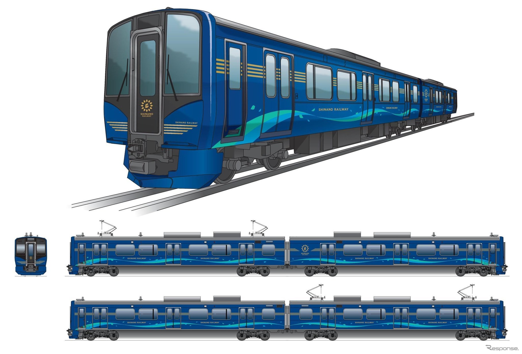 有料座席指定快速用のSR1系は「沿線に爽やかな新風を」をコンセプトに、車体色をロイヤルブルーと115系のDNAを承継したというシャンパンゴールドの組合せに。側面の緑と水色のラインは山並と清流を表現したもの。