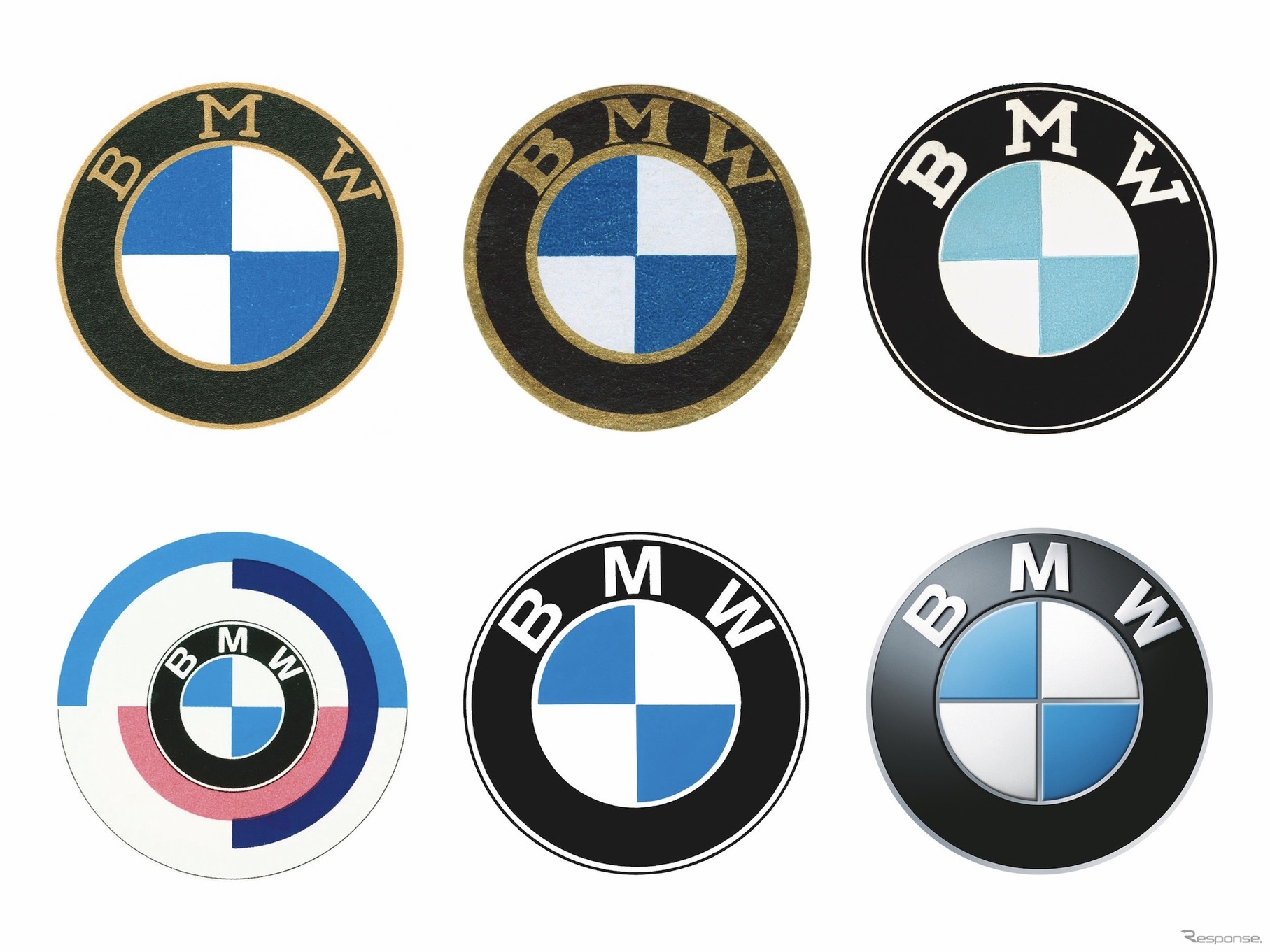 BMWロゴマークの変遷。上段左から右へ1917年、1933年、1954年、下段左から右へ1974年（BMWモータースポーツ）、1979年、2007年。