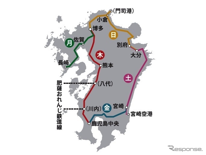10月15日から、木～月曜に九州全県を巡る『36ぷらす3』のルート。各日とも日中に走行し、門司港駅を除くルートに記載された各駅で乗降できる。2020年度は月に10～21日間の運行を予定している。