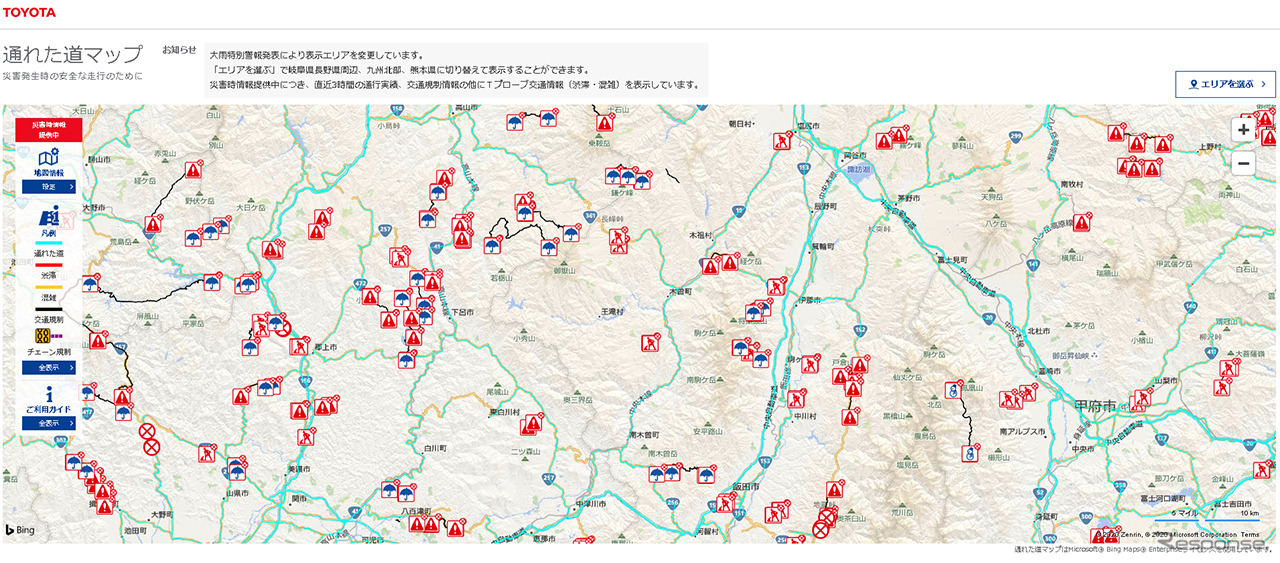 トヨタ、被災地支援地図「通れた道マップ」