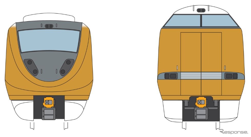 ラッピング車の前面。左が福知山方の1号車、右が京都・大阪方の4号車のもの。