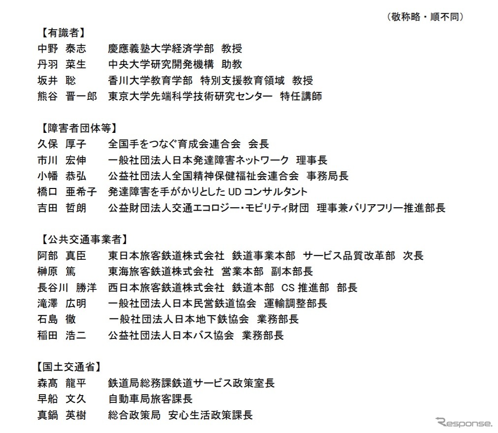 知的・発達障害者等に対する公共交通機関の利用支援に関する検討会メンバー