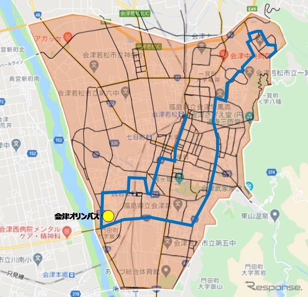 運行エリア図：定時定路線ルート（青線）とVBSの分布範囲（赤面）