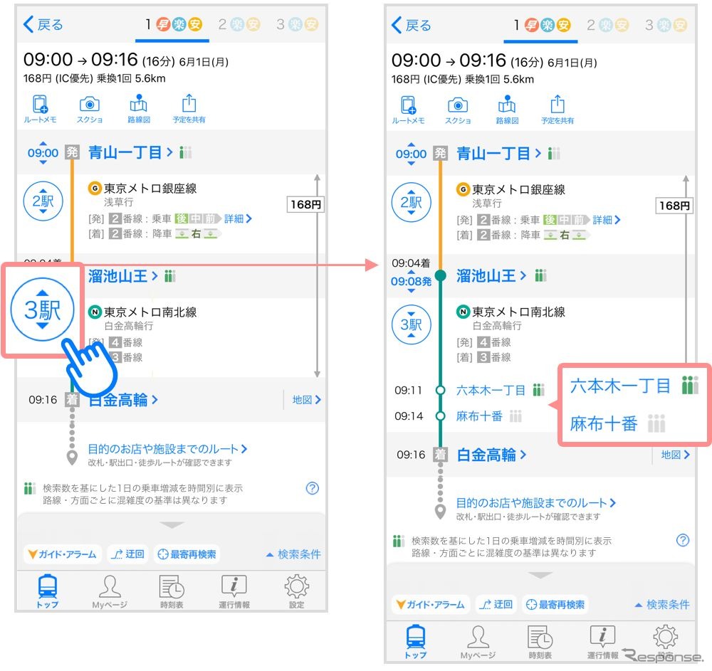 ルート検索結果から区間ごとの混雑予報を表示。