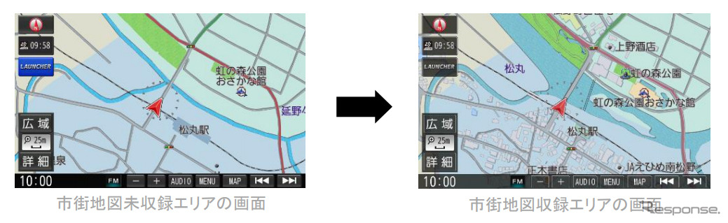 市街地図未収録エリアの画面（右）、市街地図収録エリアの画面（左）