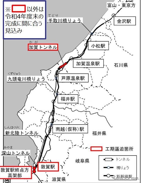 「北陸新幹線の工程・事業費管理に関する検証委員会」が公表した工事逼迫箇所。加賀トンネルと敦賀駅部が問題となっている。