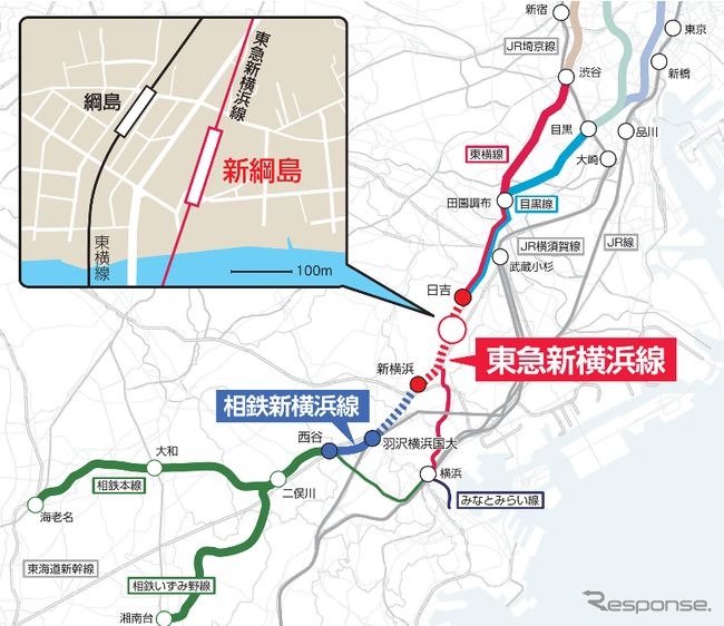 新綱島駅の位置。所在地は神奈川県横浜市港北区綱島東1丁目。東横線綱島駅の東側に位置し、東急では選定した駅名について「新しい駅・路線の新規性や将来性、新幹線アクセス拠点である新横浜駅との親和性や、綱島地区の新たな玄関口として、街全体のさらなる発展への期待を込めました」としている。