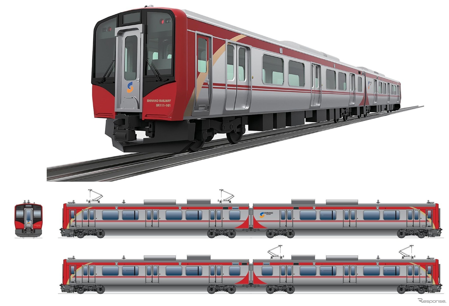 3月13日のダイヤ改正から運行を開始する一般列車用SR1系のデザイン。「地域に寄り添い、その先の未来へ」をコンセプトに、しなの鉄道社員が地域に寄せる「情熱」「温かさ」を表わしたという赤をベースに、「地域の未来へ挑戦していく姿勢」を表現したというゴールドのラインを配置。両端の曲線は地域を包み込む「やさしさ」、中央のラインは沿線の地域をひとつにつなぐ、力をあわせるといった意味合いが込められている。