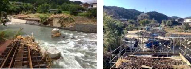 流出した豊後中村～野矢間に架かる第二野上川橋梁。左が被災直後、右が現在の状況。