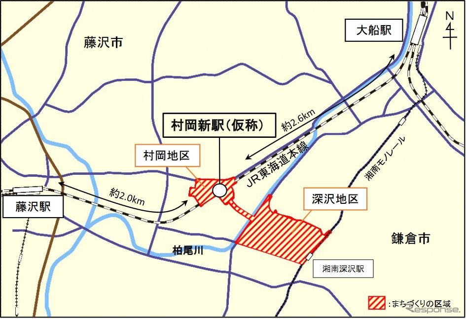 仮称「村岡新駅」の位置。湘南モノレール湘南深沢駅に近い。