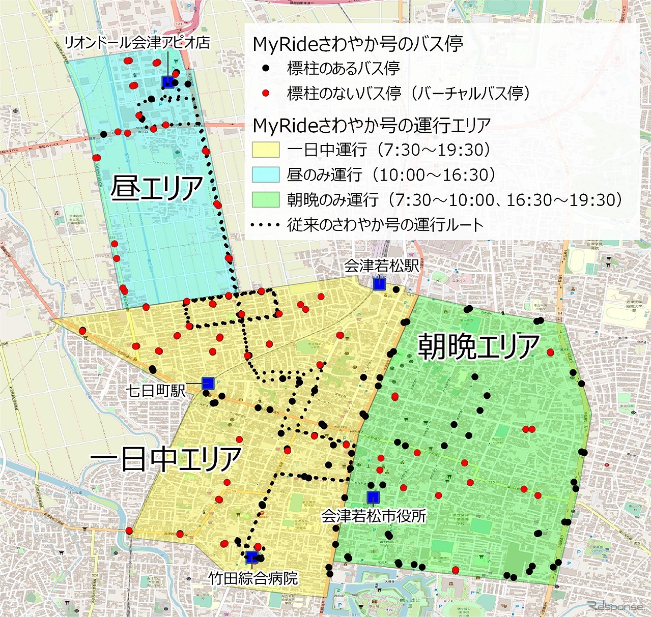 ダイナミックルーティングバスの運行エリア