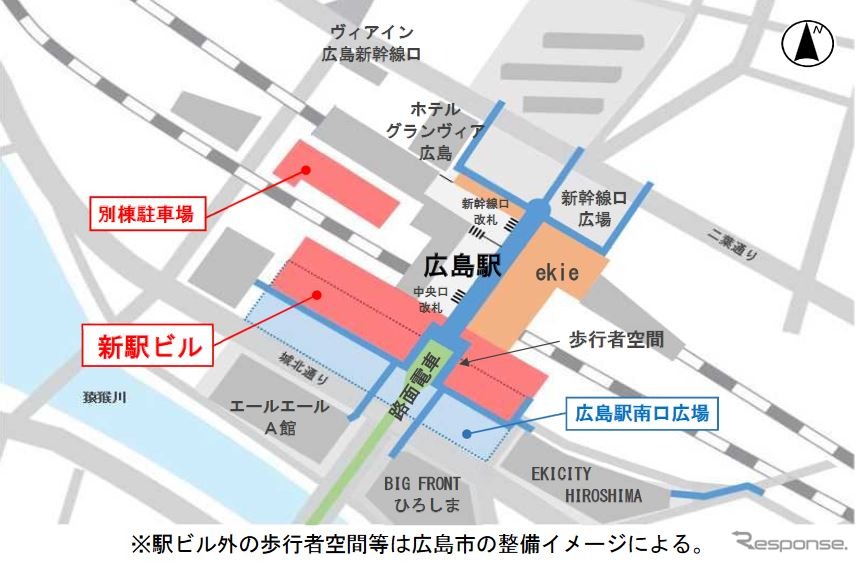 2階レベルからの広島新駅ビル配置図。路面電車の停留場とJR線改札が至近となり利便性が向上。