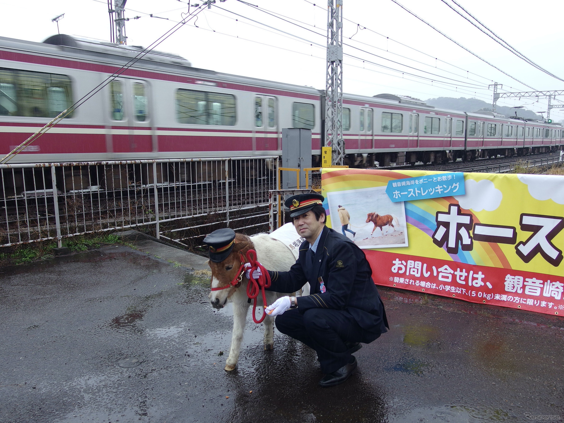 ミニチュアポニーが京急の馬堀海岸駅の1日駅長に就任。任命式の会場は旧駅舎跡地。