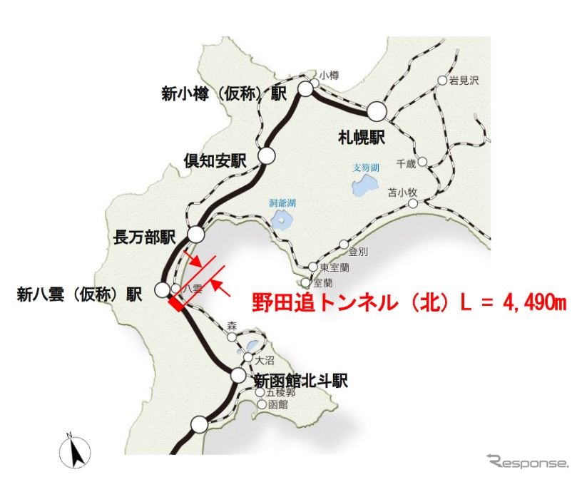 崩落が発生した野田追トンネル北工区部分。同トンネルの全長は8165m。