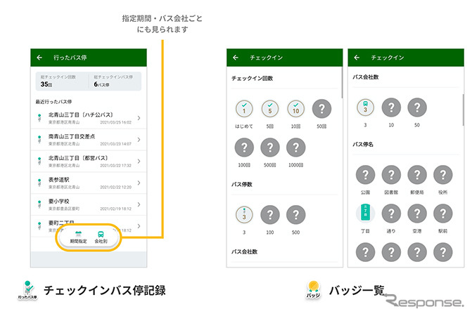 チェックインバス停記録（左）とバッジ一覧