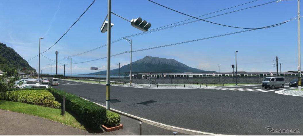 桜島や錦江湾をバックにした新駅のイメージ。