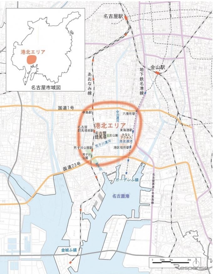 名古屋競馬場前駅の位置。同駅がある港北エリアではアジア大会を契機に「憩い・にぎわいと新たな地域ブランドの形成に向けたまちづくりを推進する」として、新たなまちづくりが構想されている。