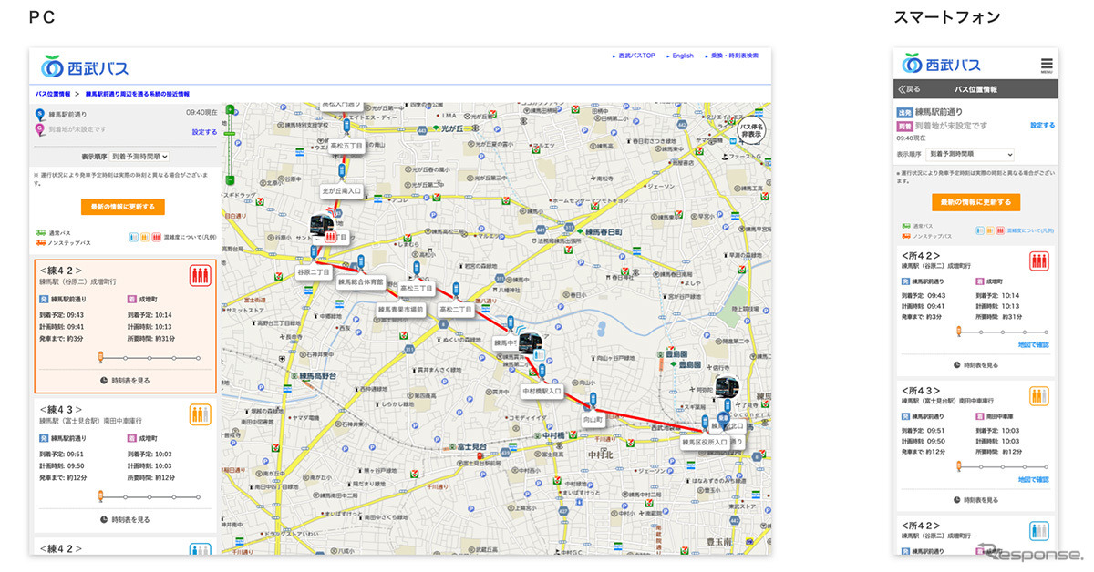 西武バスとナビタイム、バスのリアルタイム混雑度の表示に対応