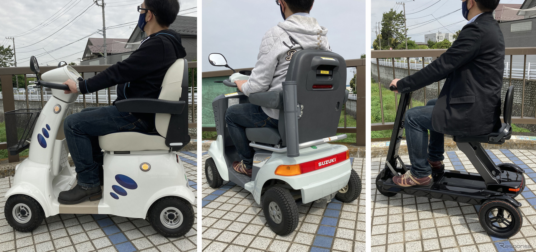 さまざまな電動カート。左から「てくてっくん」「スズキ セニアカー」「Relync」