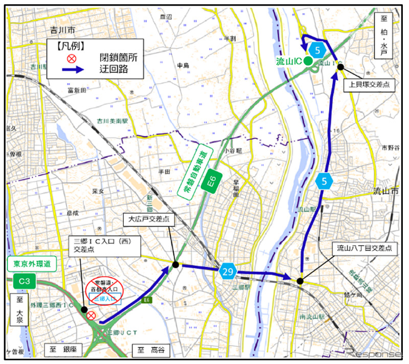 迂回路 国道298号から常磐自動車道 下り線 柏・水戸方面へ向かう場合