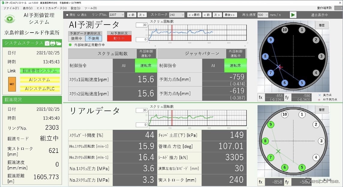 管理画面上での掘進制御履歴の動画再生