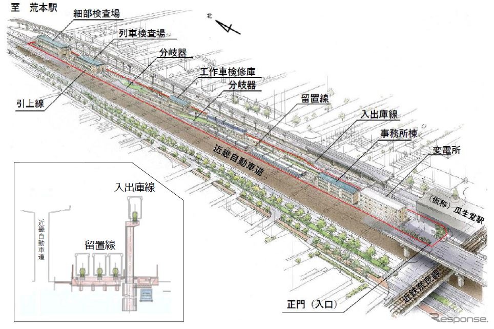 瓜生堂駅の北側に設けられる車両基地の概要。留置機能や検査機能を有し、既存の万博車両基地のバックアップとしても機能させる。