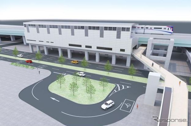 JR片町線（学研都市線）と連絡する地上3階建ての鴻池新田駅。大阪モノレール初のJR線連絡駅となる。