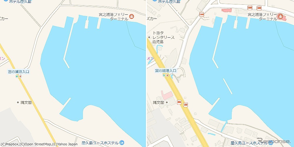 屋久島宮之浦港（鹿児島県）/屋久島の海の玄関口、宮之浦港。フェリーターミナルの周辺のバス停も表示している